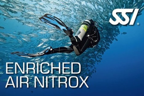 Diver with fish school underwater, text 'Enriched Air Nitrox' and SSI logo on top right.