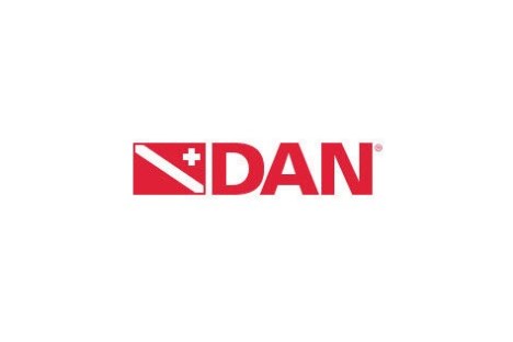 Red DAN logo with diver down flag and cross.