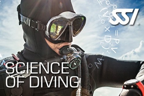 Diver in black wetsuit and mask, 'SCIENCE OF DIVING' text, with SSI logo and science equations.