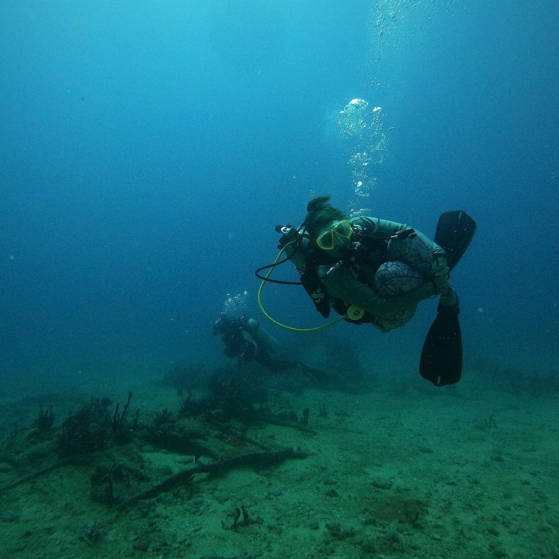 Two scuba divers exploring underwater with visible ocean floor.